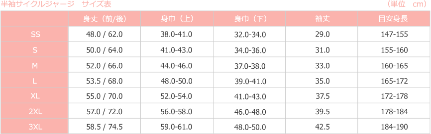 オリジナルサイクルジャージ　半袖サイズ